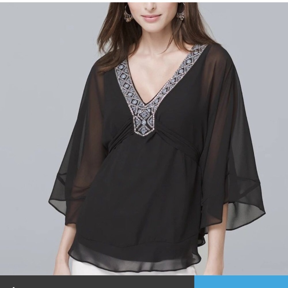 WHBM Black Sheer V-Neck Top with Embellished Detail